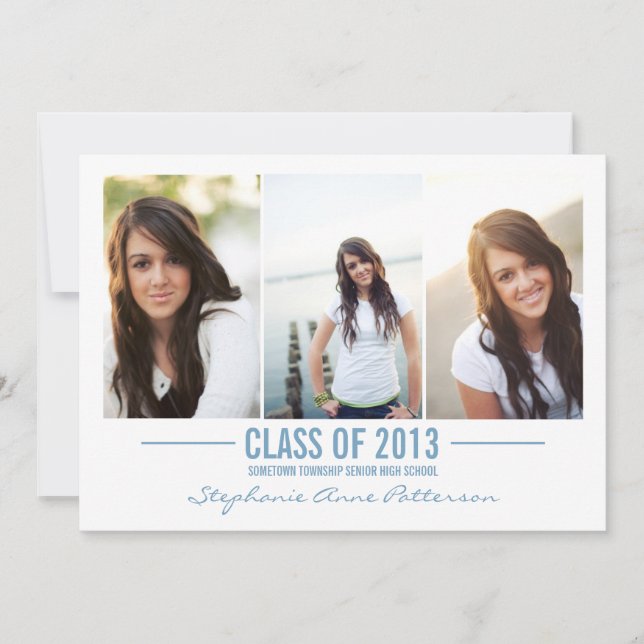 Modern Blue Three Photo Graduation Announcement (Front)