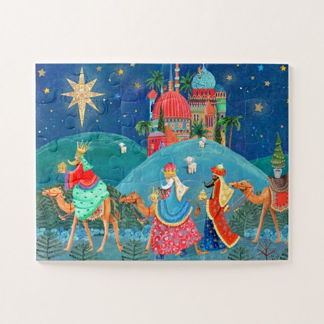 Modern Blue Three Wise Men kings Holiday Jigsaw Puzzle (Horizontal)