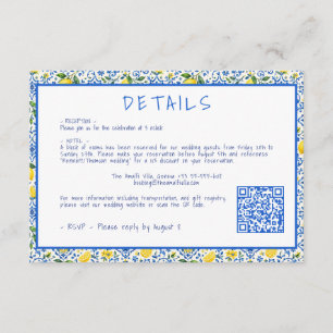 Modern Blue tile Lemons Wedding Details QR code Enclosure Card