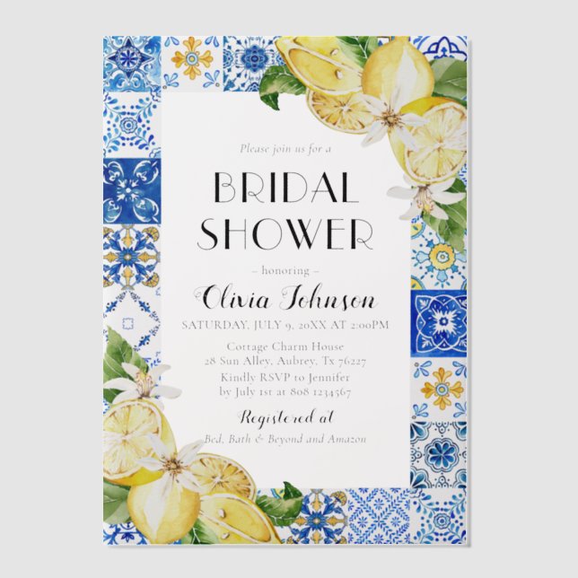 Modern Blue Tiles Lemon Italian Bridal Shower Vellum Invitations (Front)