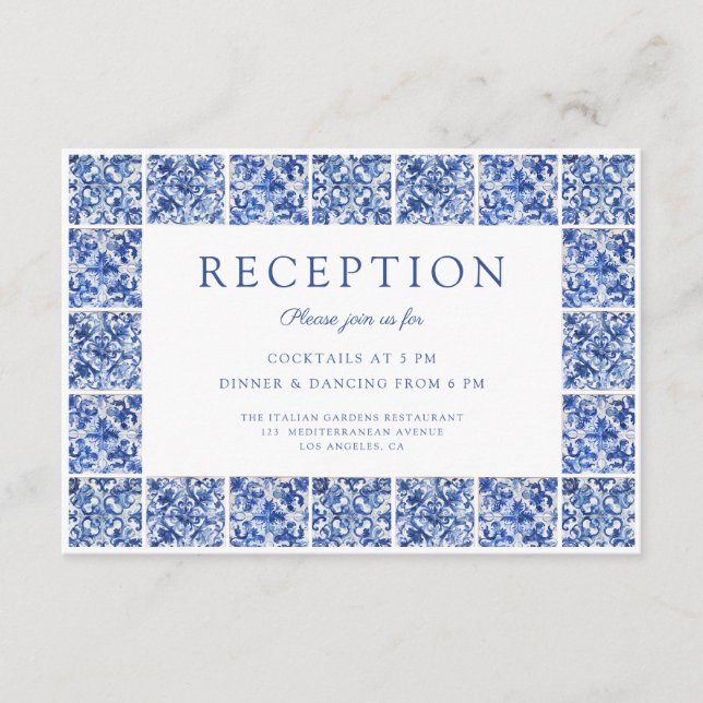 Modern Blue Tiles Wedding Reception Enclosure Card (Front)