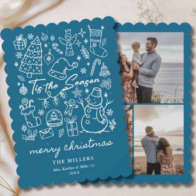 Modern Blue Tis the Season Christmas Doodle Holiday Card (Creator Uploaded)