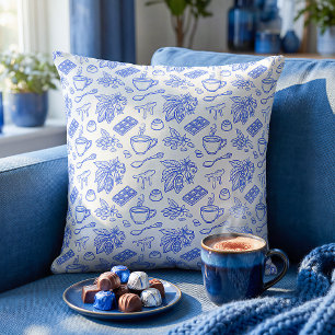 Modern Blue Toile Cacao and Chocolate Pattern Cushion