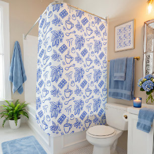 Modern Blue Toile Cacao and Chocolate Pattern Shower Curtain