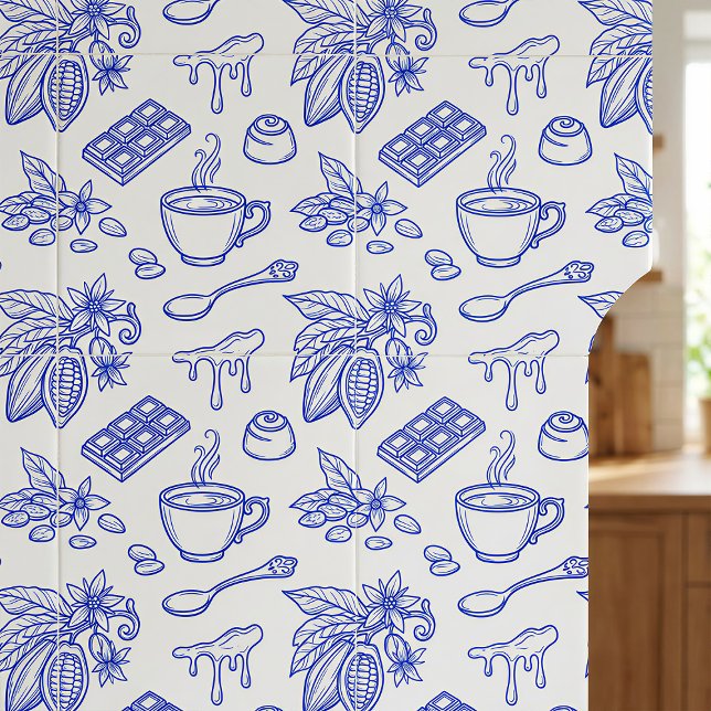 Modern Blue Toile Cacao and Chocolate Pattern Tile (Creator Uploaded)