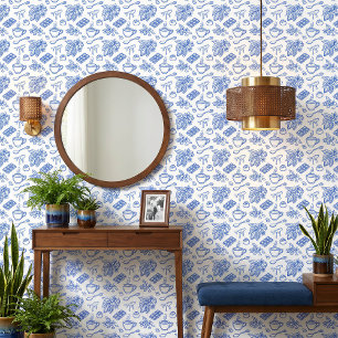 Modern Blue Toile Cacao and Chocolate Pattern Wallpaper