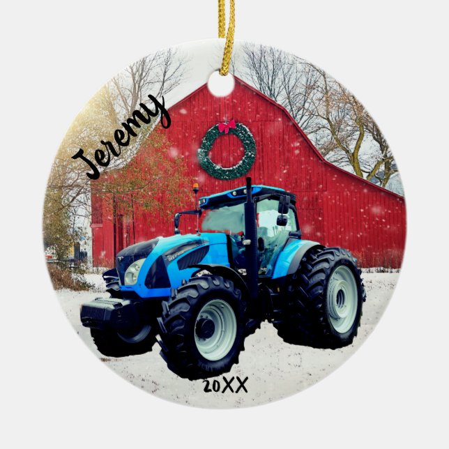  Modern Blue Tractor Christmas  Ceramic Tree Decoration (Front)