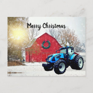  Modern Blue Tractor in Barnyard Christmas  Postcard