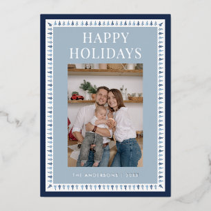 Modern Blue Trees Happy Holidays Family Photo Foil Holiday Card