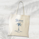 Modern Blue Tropical Palm Tree Wedding Welcome Tote Bag<br><div class="desc">Customise this blue "Welcome" tote bag with your own special touch. This design features modern script,  blue text and artistic palm tree. Personalise it with your names,  wedding date and location. If you need help or matching items,  please contact me.</div>