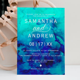 Modern blue turquoise watercolor elegant wedding invitation