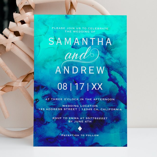 Modern blue turquoise watercolor elegant wedding invitation (Creator Uploaded)