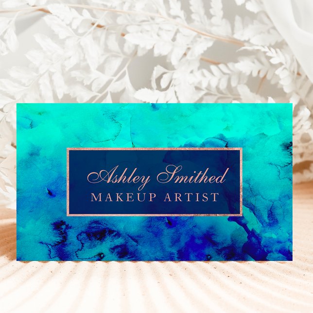 Modern blue turquoise watercolor rose gold makeup business card (Creator Uploaded)