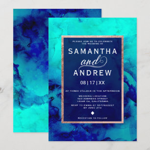 Modern blue turquoise watercolor rose gold wedding invitation