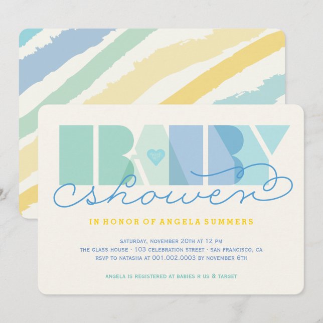 Modern Blue Typography Colourful Boy Baby Shower Invitation (Front/Back)