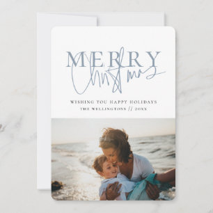 Modern Blue Typography Photo Christmas Holiday Card