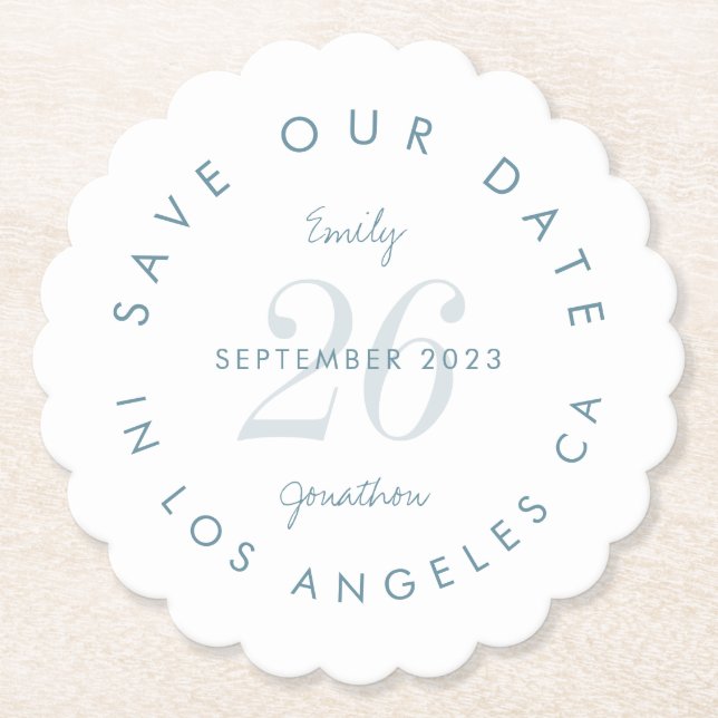 Modern Blue Typography Save The Date Paper Coaster (Front)