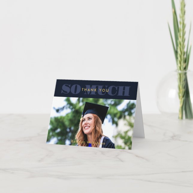 Modern Blue Typography Simple Photo Graduation Thank You Card (Front)