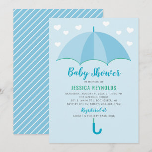 Modern Blue Umbrella Hearts Boy Baby Shower Invitation
