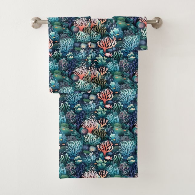 Modern blue underwater pattern bath towel set (Insitu)