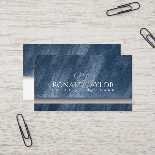 Modern Blue velvet texture Monogram Business Card (Front/Back In Situ)