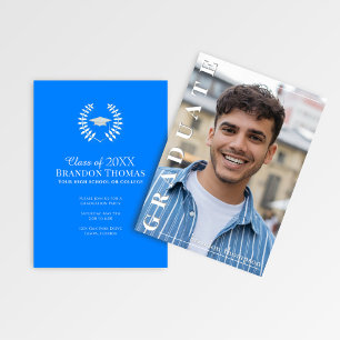 Modern Blue Vertical Name Graduation Photo Card