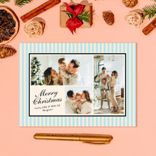 Modern Blue Vertical Stripe 3 Photo Christmas Holiday Card