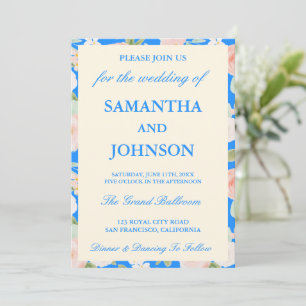 Modern Blue Vintage Ivory Floral Monogram Wedding Invitation