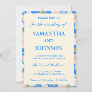Modern Blue Vintage Ivory Floral Photo Wedding Invitation