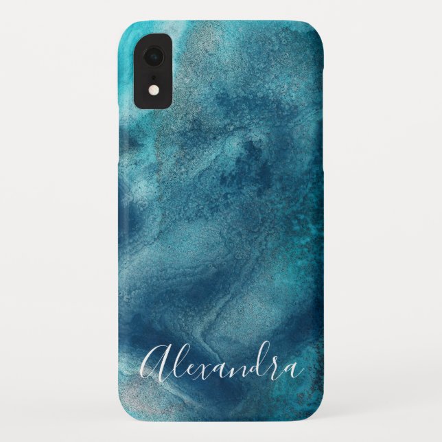 Modern Blue Watercolor Abstract Monogram Case-Mate iPhone Case (Back)