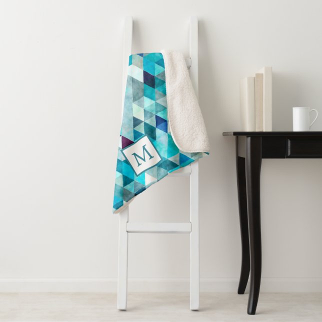 Modern Blue Watercolor Abstract Pattern Monogram Sherpa Blanket (In Situ)