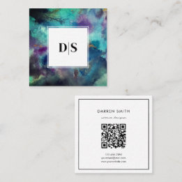 Modern Blue Watercolor Abstract QR Code Monogram Square Business Card
