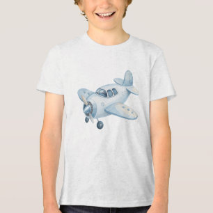 Modern Blue Watercolor Aeroplane Propeller Plane  Tri-Blend Shirt