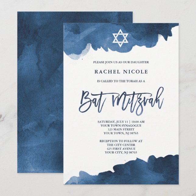 Modern Blue Watercolor | Bat Mitzvah Invitation (Front/Back)