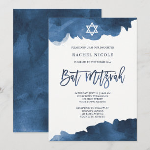Modern Blue Watercolor   Bat Mitzvah Invitation