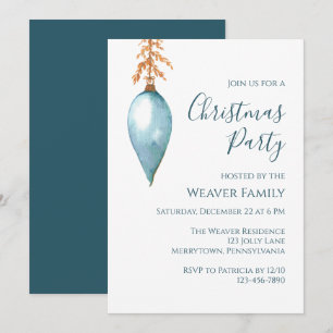 Modern Blue Watercolor Bauble Christmas Party Invitation