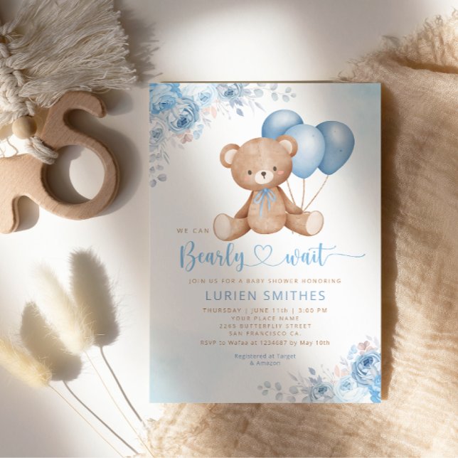 Modern Blue Watercolor Boho Teddy Bear Baby Shower Invitation (Creator Uploaded)