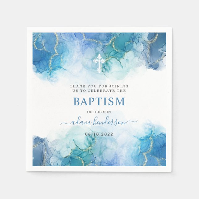 Modern Blue Watercolor Boy Baptism Thank You Napkin (Front)