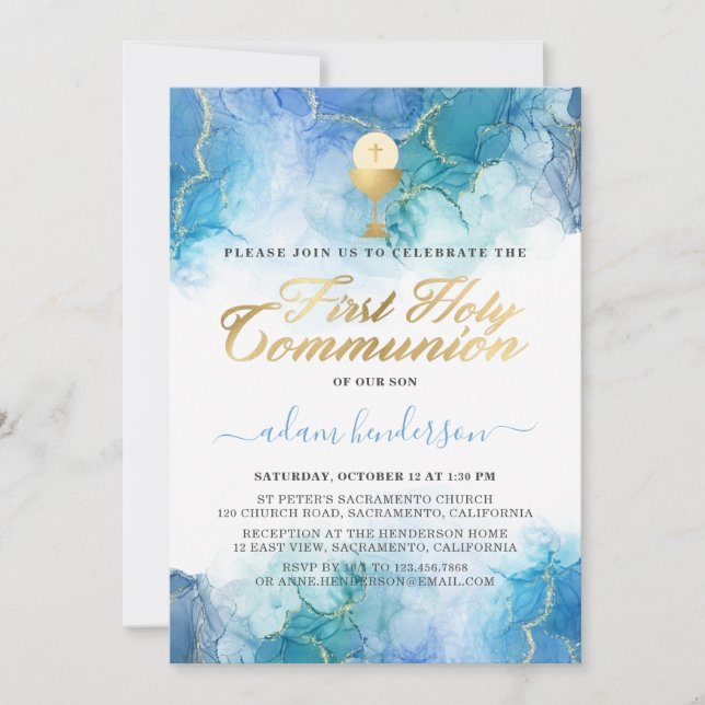 Modern Blue Watercolor Boy First Holy Communion Invitation (Front)