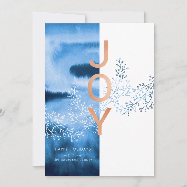 Modern Blue Watercolor Christmas Joy Holiday Card (Front)