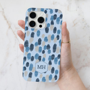 Modern Blue Watercolor Dot Pattern Monogram  iPhone 15 Pro Max Case