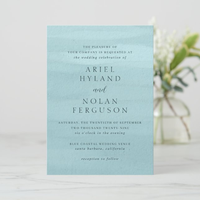 Modern Blue Watercolor Elegant Wedding Invitation (Standing Front)