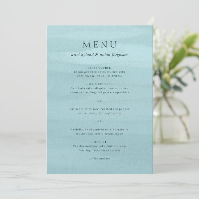 Modern Blue Watercolor Elegant Wedding Menu (Standing Front)