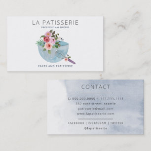 Modern Blue Watercolor Floral Bakery Pastry Chef Business Card