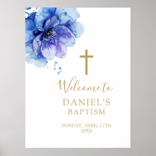Modern Blue Watercolor Floral Baptism Welcome Sign