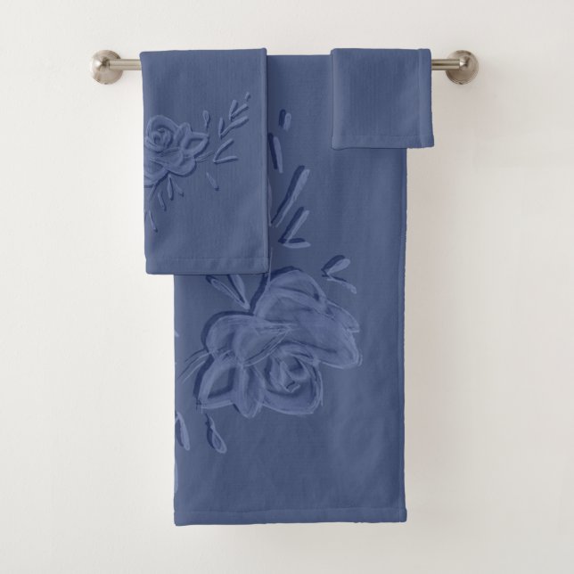 Modern Blue Watercolor Floral  Bath Towel Set (Insitu)