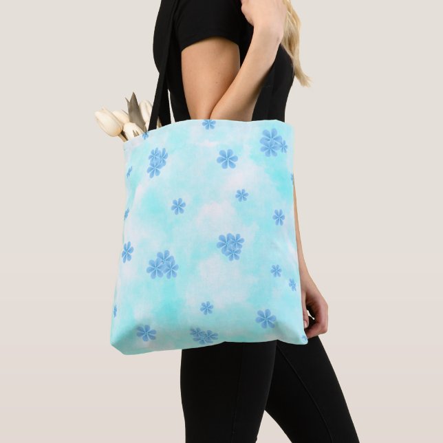Modern blue watercolor floral botanical  tote bag (Close Up)