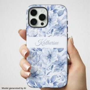 Modern Blue Watercolor Floral Pattern Name iPhone 16 Pro Max Case