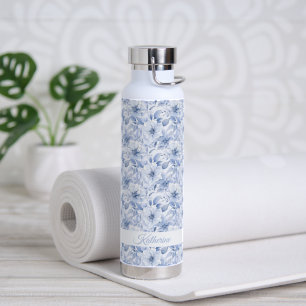 Modern Blue Watercolor Floral Pattern Name Water Bottle