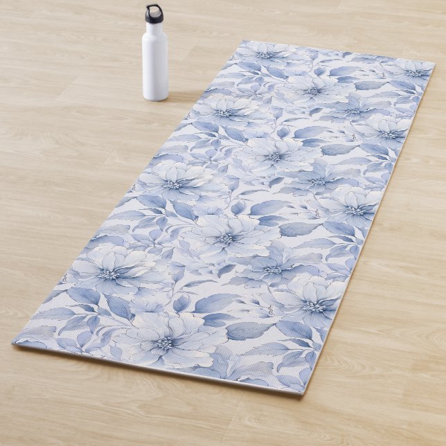 Modern Blue Watercolor Floral Pattern Name Yoga Mat (In Situ)